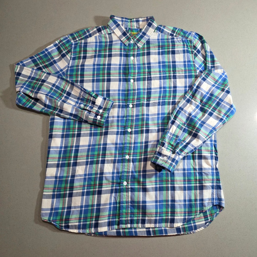 Line of Trade Mens XL Plaid Button Down Shirt Blue Green Long Sleeve Stretch